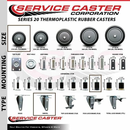 Service Caster 3'' SS Thermoplastic Rubber Wheel Swivel 1-5/8'' Expanding Stem Caster Set 2 Brakes, 4PK SCC-SSEX20S314-TPRB-2-TLB-2-158